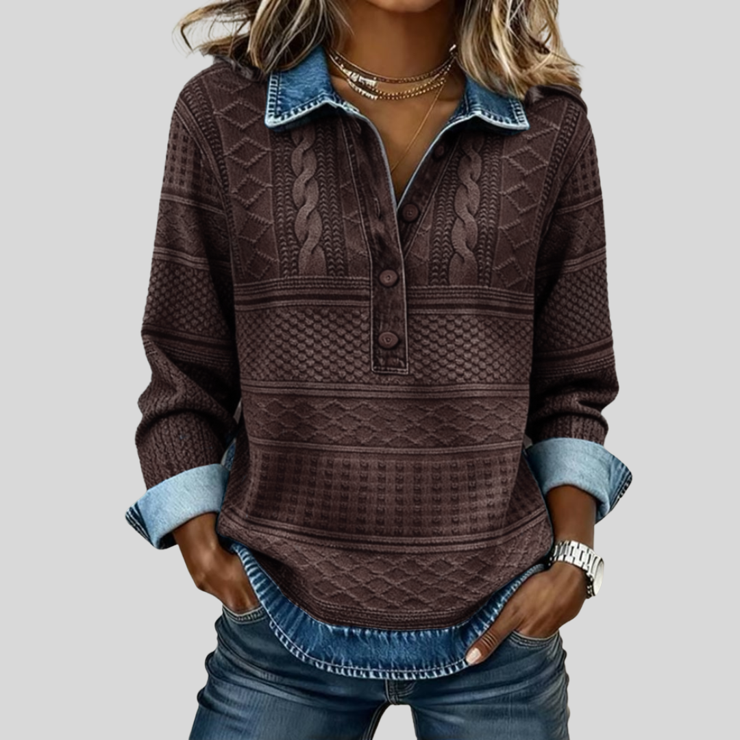 SOFIA – Felpa in Maglia Intrecciata con Dettagli in Denim