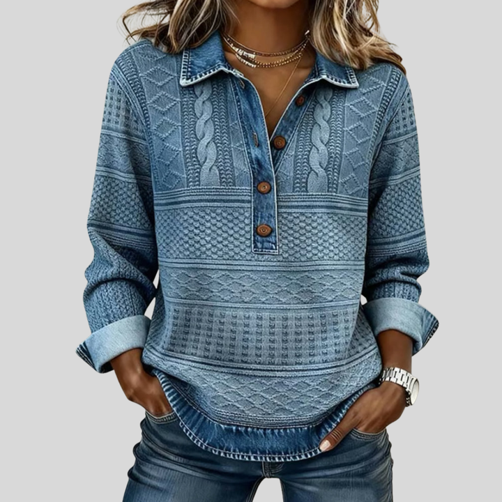 SOFIA – Felpa in Maglia Intrecciata con Dettagli in Denim